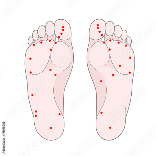 Two anatomical footprints of a man's bare feet with marks of active acupuncture points. Vector. Isolated on white background