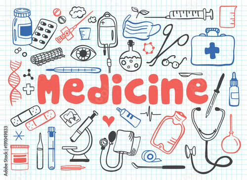 Set of medicine and healthcare objects in doodle style