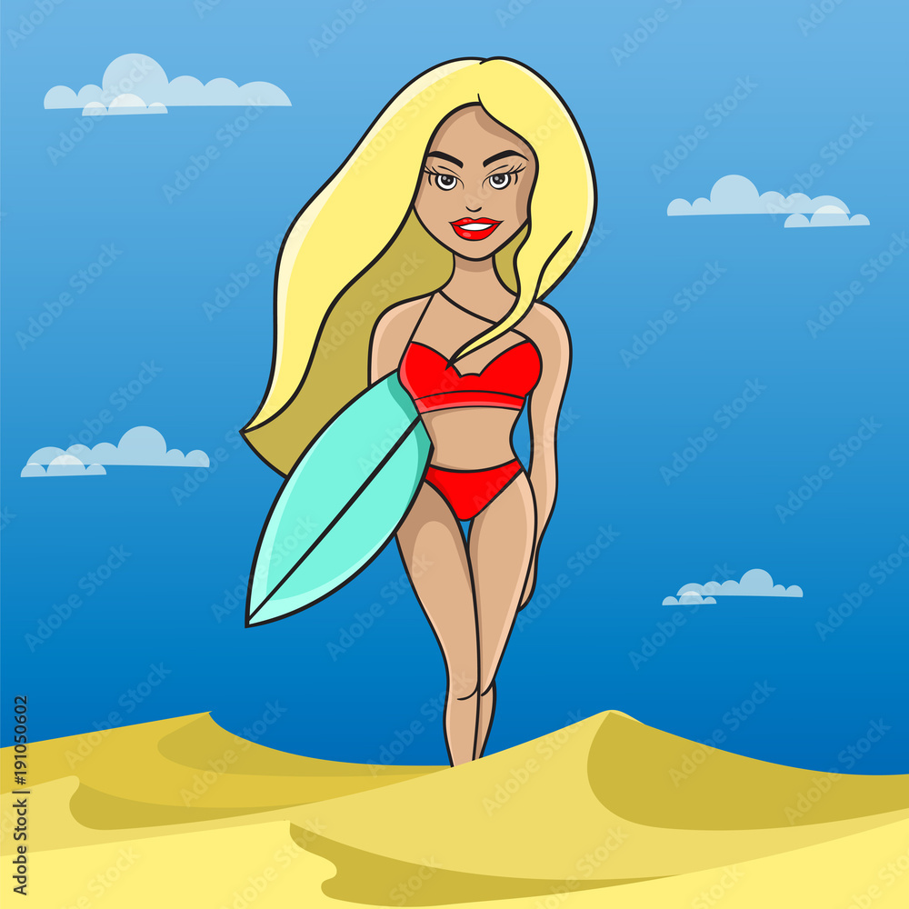 blonde in the red swimsuit with a surfboard on the beach, vector illustration