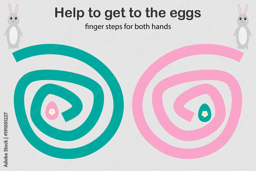 Finger steps for both hand, help the bunny to get to the eggs, simultaneous development of the right and left hemispheres of the brain, preschool worksheet activity for kids, task for children, vector Finger steps for both hand, help the bunny to get to the eggs, simultaneous development of the right and left hemispheres of the brain, preschool worksheet activity for kids, task for children, vector