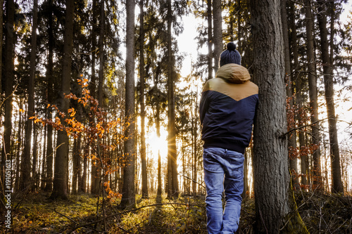 Mann, Wald, Herbst, Farben, Bäume