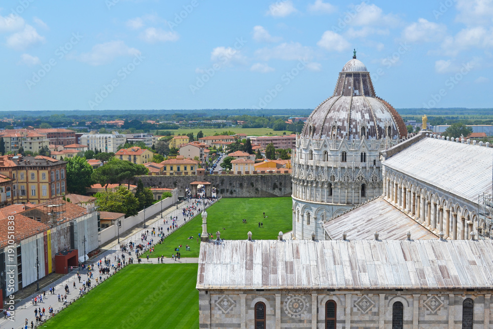 View of Cattedrale di Pisa, Piazza del Duomo from top of Leaning Tower of Pisa, Italy