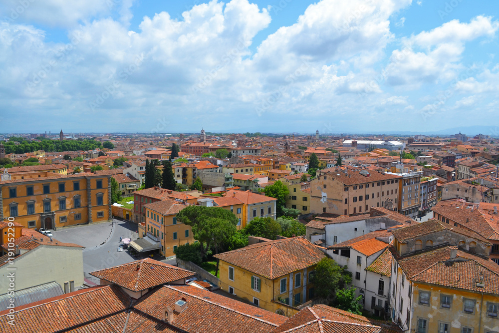 Aerial cityscape view of Pisa rooftops showing the historic and beautiful city in Italy