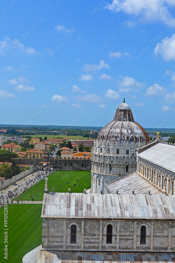 Aerial cityscape view of Cattedrale di Pisa, Piazza del Duomo from top of Leaning Tower, Italy