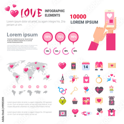 Valentines Day Infographic Set Of Template Elements Icons Over Pink Background, Love Holiday Info Graphic Flat Vector Illustration