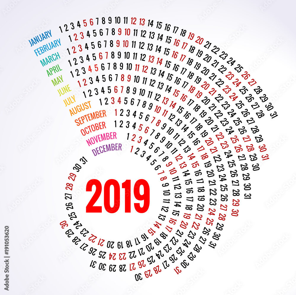 2019 calendar Print Template Spiral calendar Set of 12 Months Round