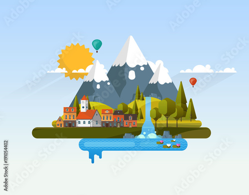 Vector Abstract Flat Design Landscape with House Building.