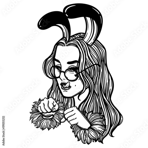 cute vector art card with bunny girl. Fashion woman. Rabbit woman. linear tattoo print illustration.