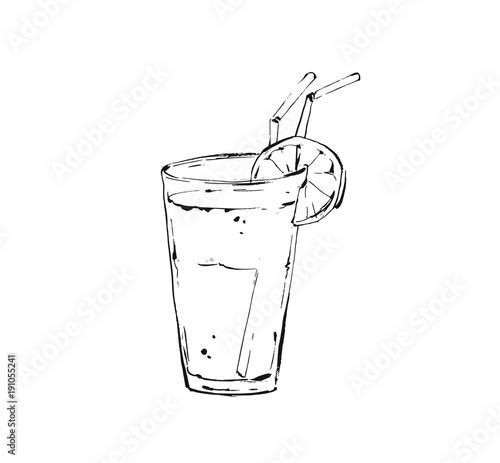 Hand drawn vector abstract artistic cooking ink sketch illustration of tropical lemonade shake drink in glass jar isolated on white background.Diet detox concept