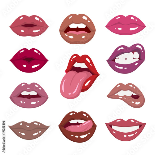 Lipstick palette. Vector illustration of sexy woman's lips expressing different emotions with various matte lipstick tones, such as red, nude, pink and violet. Isolated on white.