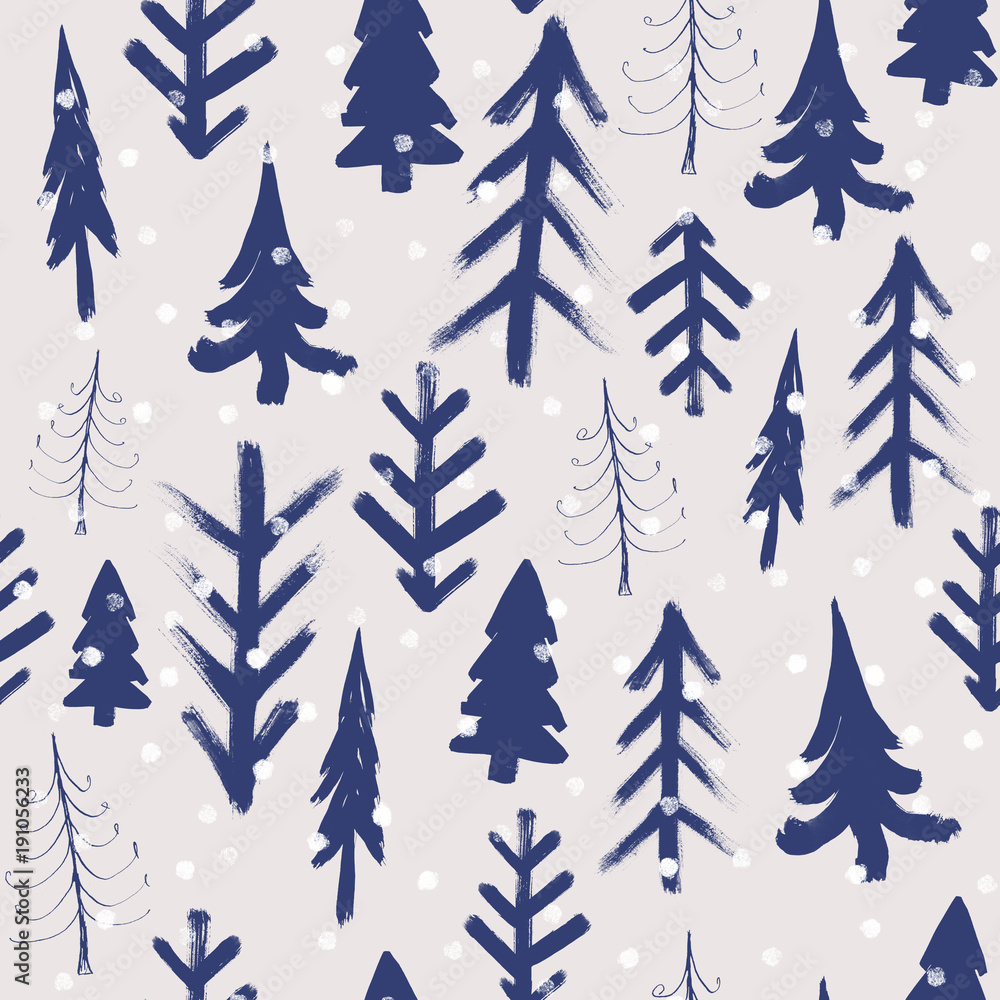 Obraz premium Fir tree winter hand drawn background, watercolor seamless pattern.