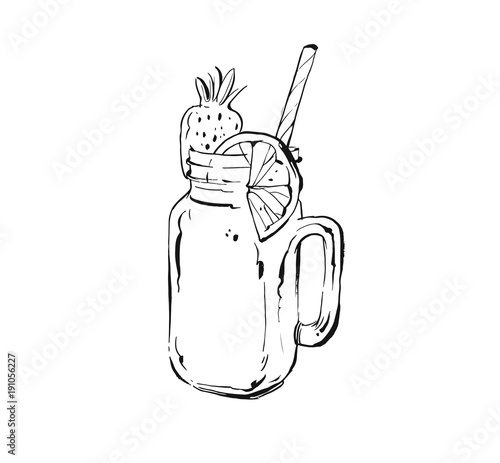 Hand drawn vector abstract artistic cooking ink sketch illustration of tropical fruit lemonade shake drink in glass mason jar isolated on white background.Diet detox concept