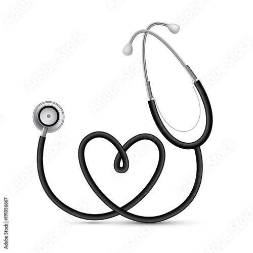 Realistic stethoscope with heart-shaped tube, isolated on white