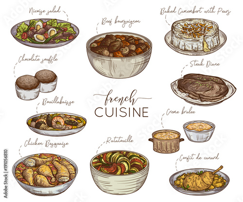 French cuisine. Collection of delicious food. Isolated elements. Concept design for decoration restaurants, menu. Vintage hand drawn vector illustration