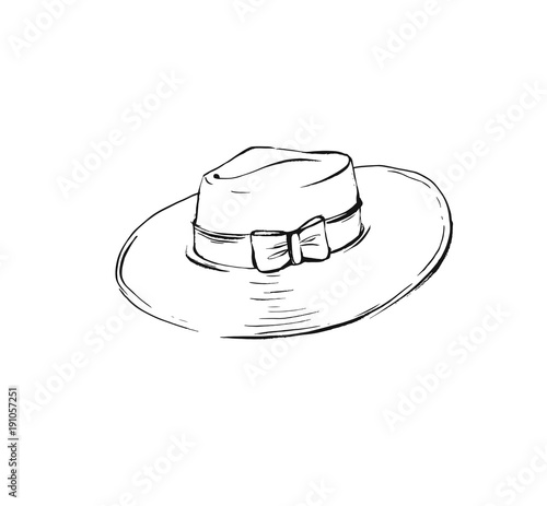 Hand drawn vector abstract ink graphic sketch illustration of summer time feminine beach hat isolated on white background
