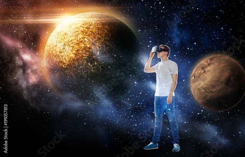 man in virtual reality headset or 3d glasses