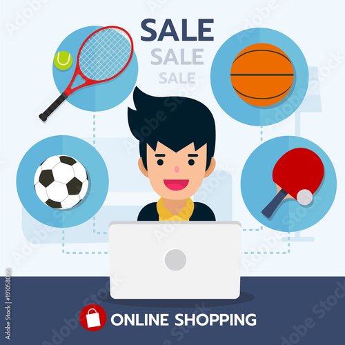 Young man with sport equipment sale product, online shopping with football, table tennis, basketball, tennis  icon, e-commerce. Vector illustration