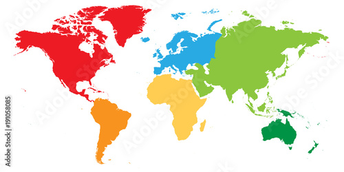 World map divided into six continents. Each continent in different color. Simple flat vector illustration. photo