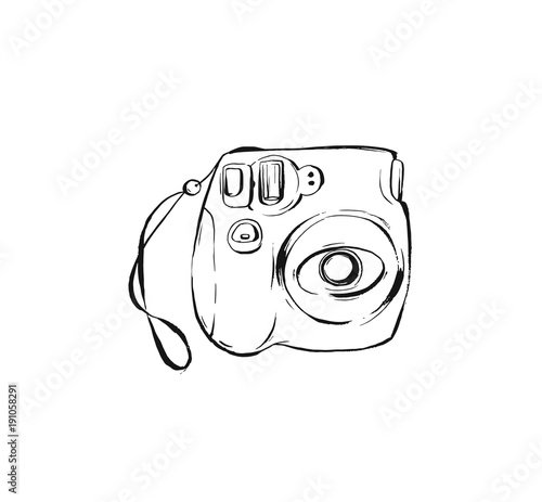 Hand drawn vector abstract ink drawing graphic sketch illustration icon with modern instax fujifilm photo camera isolated on white background