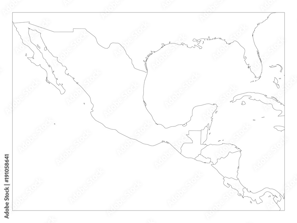 Blank political map of Central America and Mexico. Simple thin black outline vector illustration.