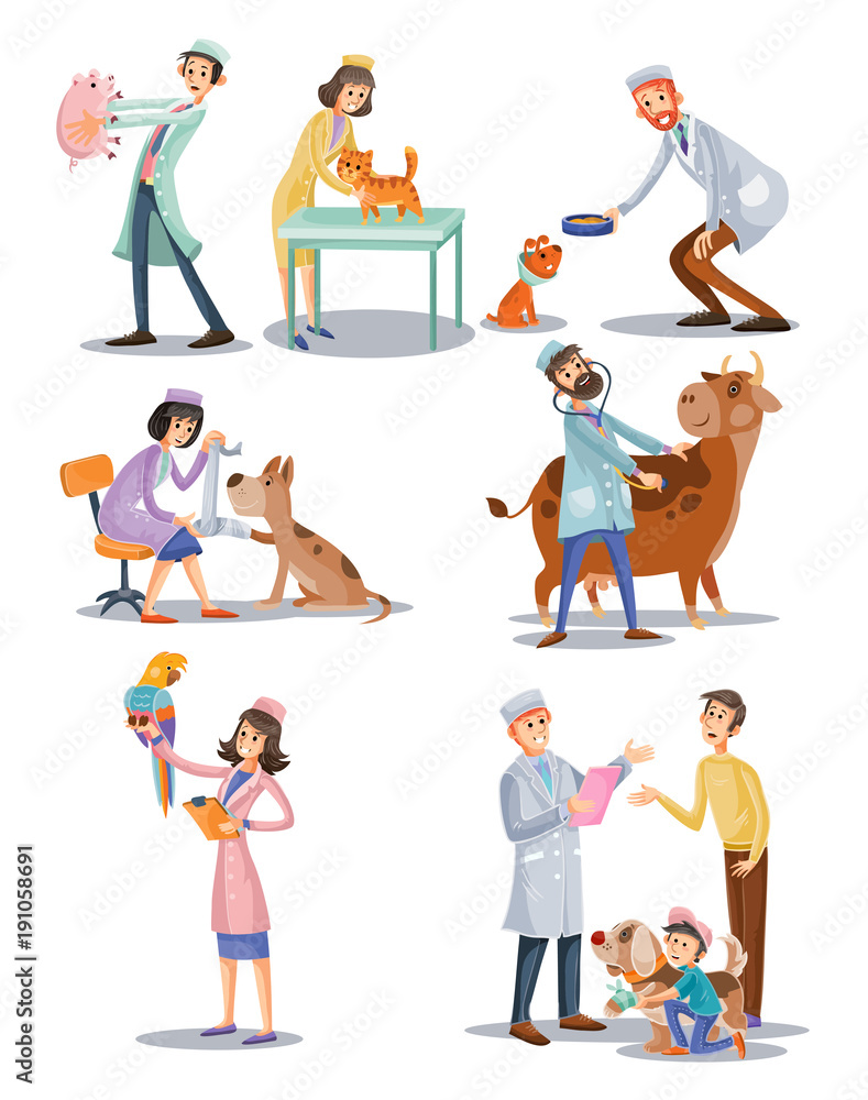 Vector set of professional vet doctors with animals, veterinary, clinic for  pets. Cartoon characters, medical care concept. Cat, dog, cow, parrot  treatment, examination surgery. Stock Vector | Adobe Stock