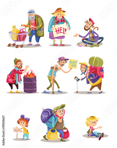 Homeless and beggars people vector cartoon illustration. Bum and homeless vagrant characters of woman and child begging alms  man panhandler in poverty at fire barrel flat isolated icons set