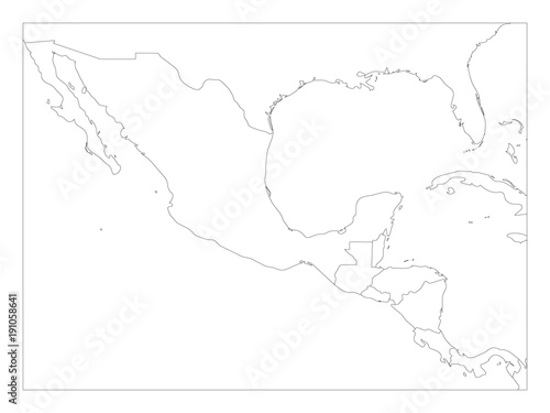 Blank political map of Central America and Mexico. Simple thin black outline vector illustration.