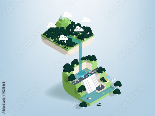 graphic design concept of forest dam in isometric view, illustration vector of dam in forest
