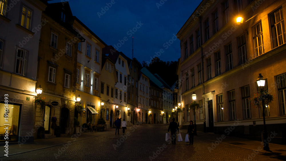 The Old Market in Ljubljana Old Town at night in Slovenia