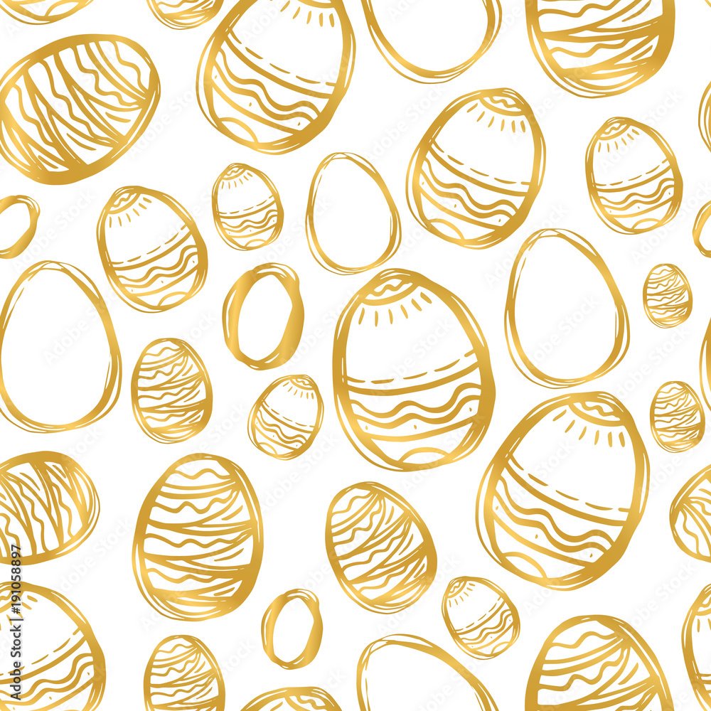 Golden easter eggs and specks, flecks, spots seamless vector pattern. Free hand drawn gold Easter background. Hand drawn painted eggs and uneven speckles, chaotic texture.