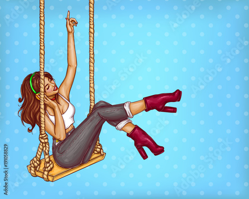 Vector sexy disco woman on swing in headphones, fashion jeans with high heel shoes. Pop art glamor music lover in earphones concept illustration. Advertising, promo, internet design background