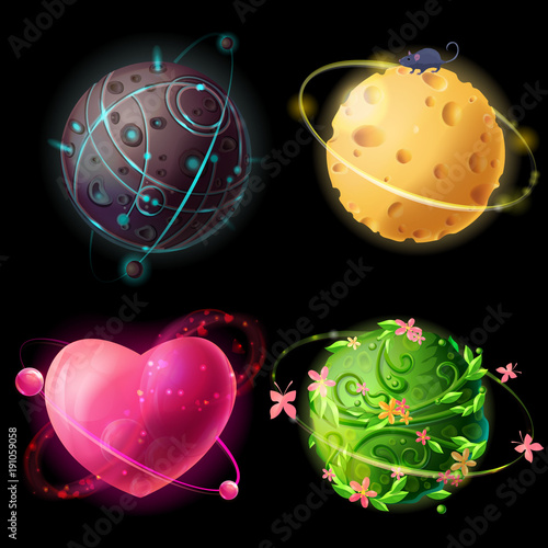 Vector cartoon worlds planetary collection. Fantastic, cosmic, alien space elements for game design. Extraterrestrial, cheese, love, plants planets illustration. Galaxies set, concept for gui, ui