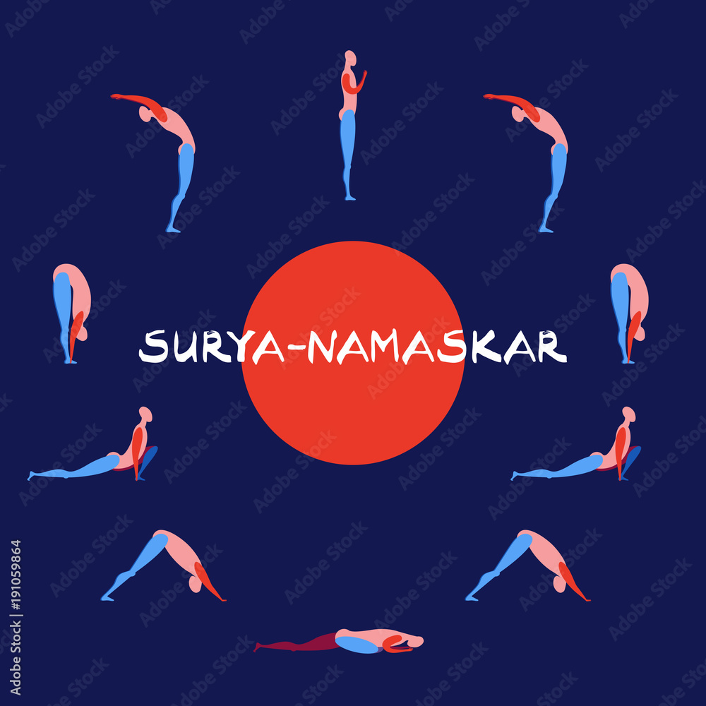asana set modern linear drawing of a yoga pose and lettering surya-namaskar