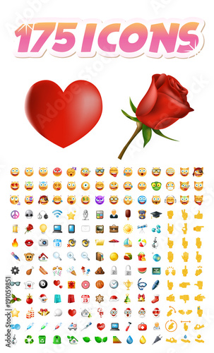 Set of 175 Realistic Cute Icons on Transparent Background . Isolated Vector Illustration 