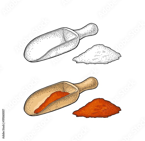 Wooden scoop with crushed piece pepper. Vintage engraving