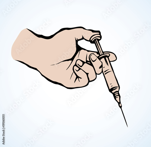 Syringe in hand. Vector drawing