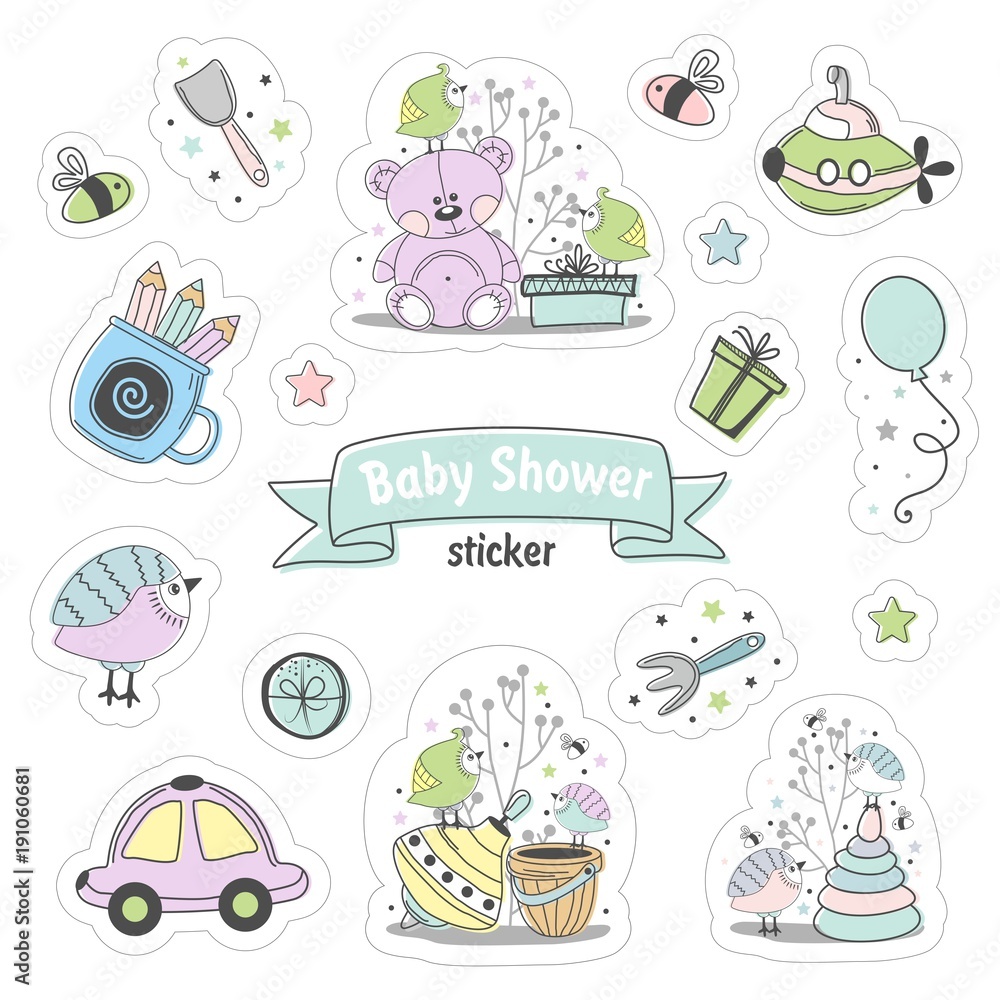 Set of Baby shower stickers. Isolated on a white background drawn by hand. Set of Baby shower stickers. Isolated on a white background drawn by hand.