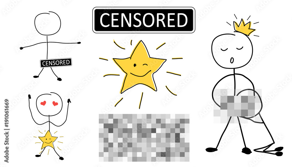 Set of censorship signs. Censored text icon for secret materials. Funny sexy  illustration - couple woman and man celebrating Valentine's day. Cute star  with cartoon face, pixel background for censor Stock Vector |