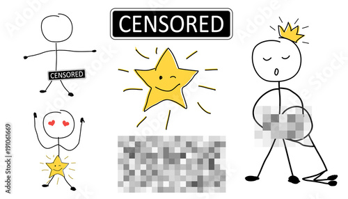 Set of censorship signs. Censored text icon for secret materials. Funny sexy illustration - couple woman and man celebrating Valentine's day. Cute star with cartoon face, pixel background for censor