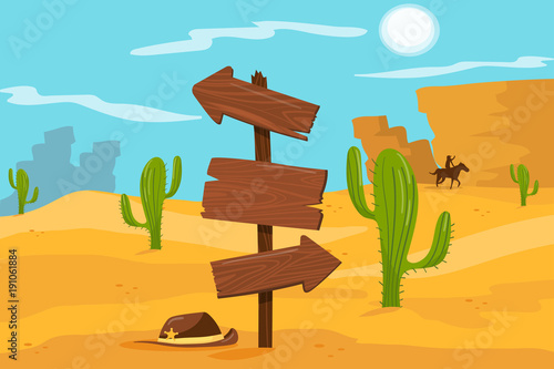 Old wooden road sign standing on desert landscape background vector Illustration, cartoon style