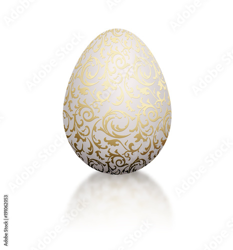 White natural color realistic egg with golden metallic floral pattern. Isolated on white background with reflection. Vintage banner  card  poster for Easter  business benefit concept.