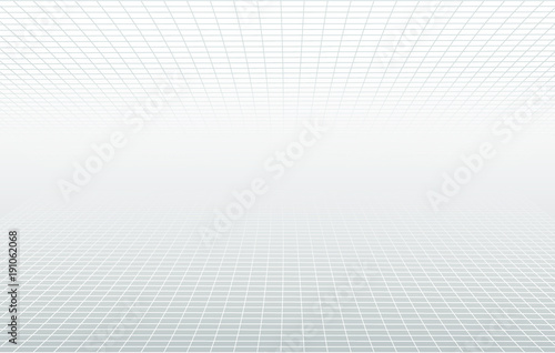 Perspective grid white and grey ethereal background. Vector horizon design minimal concept. Decorative web layout, poster, banner. Aura abstract lines light backdrop.