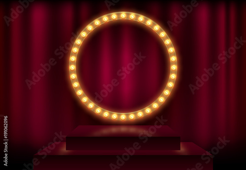 Round frame with glowing shiny light bulbs, vector illustration. Shining party banner on red curtain background and stage podium. Signboard with lamps border for lottery, casino, poker, roulette
