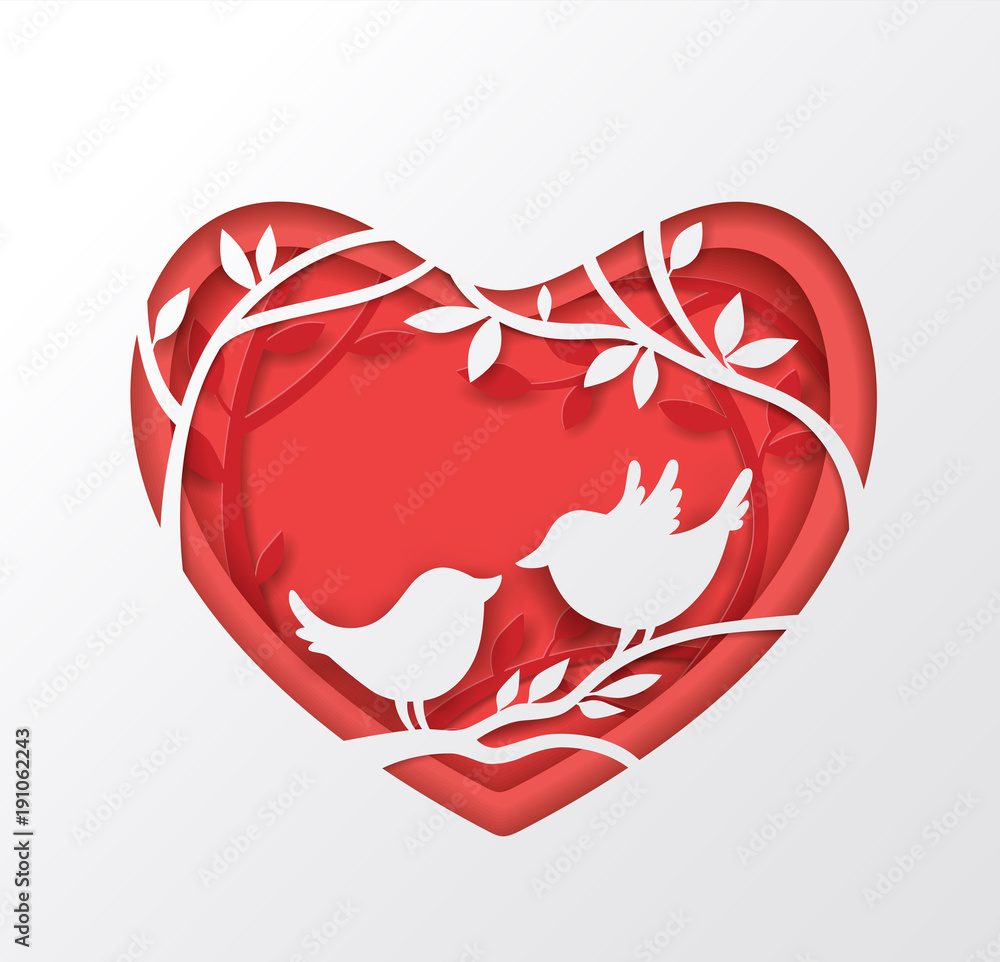 Naklejka Papierowe czerwone serce i dwa ptaki