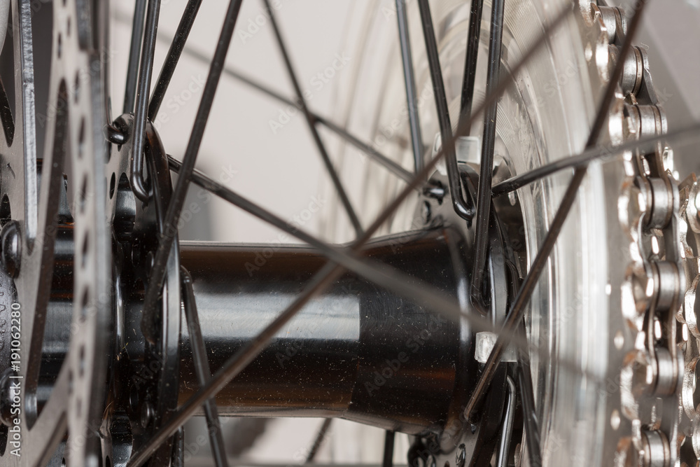 Fototapeta premium Bike hub of rear wheel, close up view, studio photo.