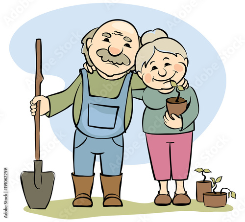 A pair of older gardeners / Vector illustration -- elderly women and men engaged in horticulture