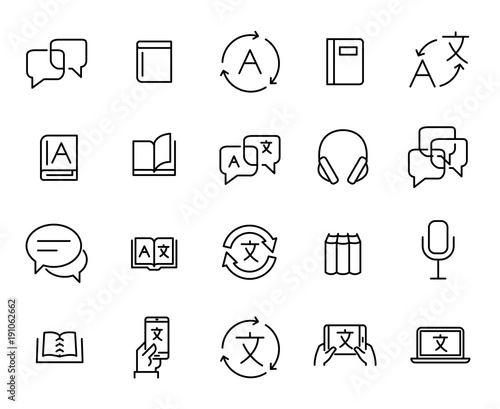 Simple collection of translate related line icons.