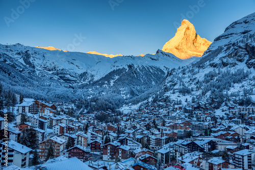 Early Morning landscape View on Zermatt city village Valley and Matterhorn Peak in the Morning, Switzerland
