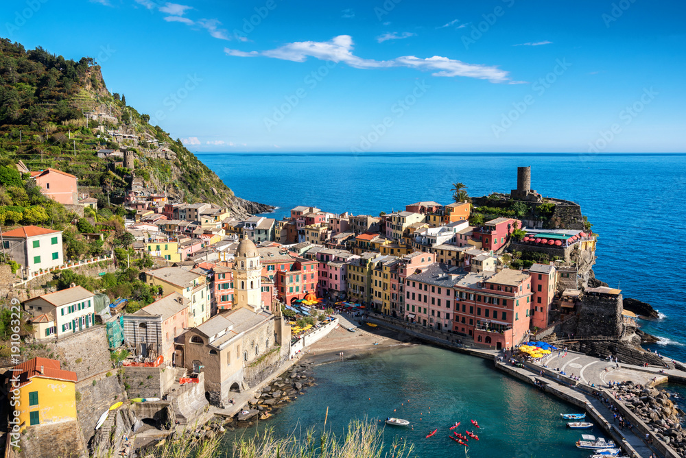 Manarola, Cinque Terre (Italian Riviera, Liguria) amazing beautiful view of Vernazza village .