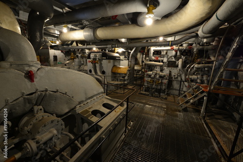 The Engine room of an American World war two warship.

